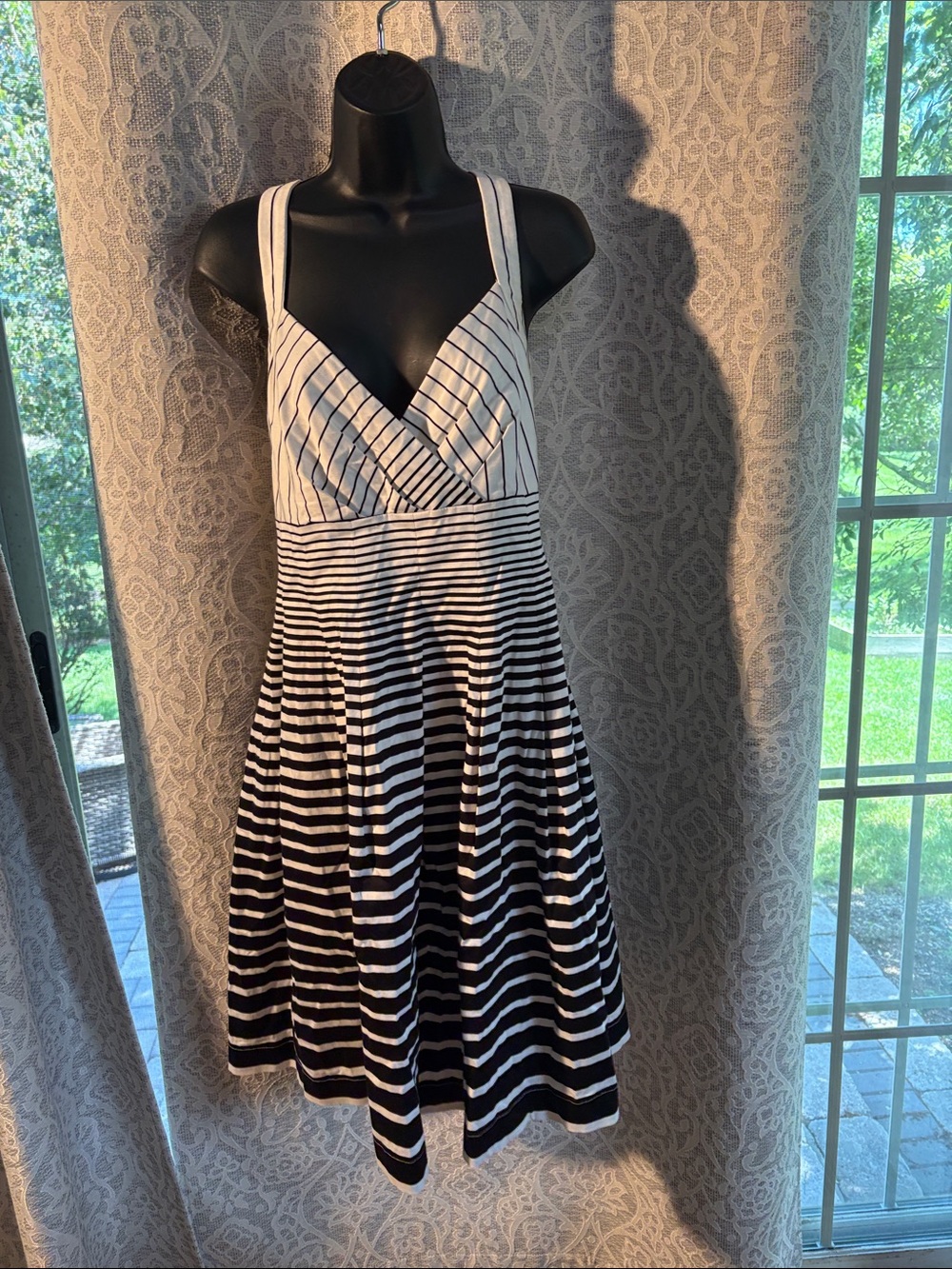 Calvin Klein 14 Striped V-Neck Fit & Flare Dress in White and Black
